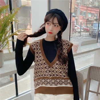 Nouă Femei coreene Carouri Tricotate Pulover, Pulover Vrac V-gât și Leneș Tricotaje Moda în Toamna și Iarna 2020