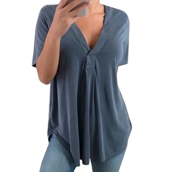 2020 Noi De Vara Pentru Femei Vintage Bluza Tricou Solid V-Neck Loose Maneca Scurta Femei Tunica Casual Plus Dimensiune Bluza Mujer