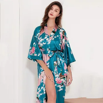 De Brand Nou Femeile Negre din Satin Kimono Robe Lungi cămașă de noapte Sexy Vintage Imprimate Rochie de Noapte cu Flori Marimea S M L XL XXL XXXL-O-045