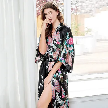 De Brand Nou Femeile Negre din Satin Kimono Robe Lungi cămașă de noapte Sexy Vintage Imprimate Rochie de Noapte cu Flori Marimea S M L XL XXL XXXL-O-045