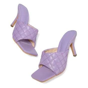 Vara Femei Papuci 2021 Brand de Moda Sandale Tocuri Vintage Square Toe Culoarea Bomboane Papuci de casă Doamnelor Alunecare pe Sandale Diapozitive
