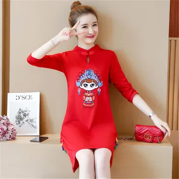 2019 Noua Moda Chineză Cheongsam Femei Rochie de culoare Negru și Roșu Maneca Lunga Drăguț Grafic Femei Broderie Rochie Qipao