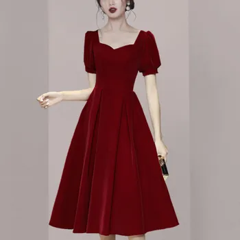 2020 Primavara Toamna Elegante, de Catifea Roșie, Rochii Femei Pătrat guler Maneci Scurte Vintage cu Talie Înaltă chic Rochie Midi Vestidos 4095