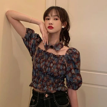 Bluze Femei Pătrat Guler Florale Imprimate Topuri De Cultură Puff Maneca Casual Coreea Retro Elegant Slim Cutat Tricouri Fete Dulci Nou