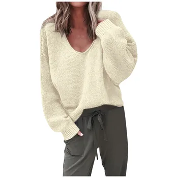 Moda pentru femei V-neck Loose Pulover de Culoare Solidă Mâneci Lungi Pulover Topuri Femei Solide în Vrac Toamna Supradimensionate Atmosfera 2021