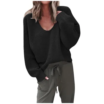 Moda pentru femei V-neck Loose Pulover de Culoare Solidă Mâneci Lungi Pulover Topuri Femei Solide în Vrac Toamna Supradimensionate Atmosfera 2021