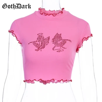 Goth Întuneric E-fata Y2K Femei Topuri de Cultură 90 de Moda Kawaii cu Paiete, Volane Roz T-shirt cu Maneci Scurte de Vară 2020 Teuri Subțire de Bază