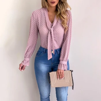 Noua Moda Femei 2020 Primăvară de Moda cu Maneci Lungi V-neck Tricou Roz Birou Bluza Slim Topuri Casual Femei Plus Dimensiune
