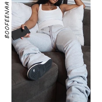 BOOFEENAA Street Style Gri de Trening pentru Femei Cordon Casual Extra Lungi Stivuite Pantaloni Gros de Iarna Cald Pantaloni C85-CD57