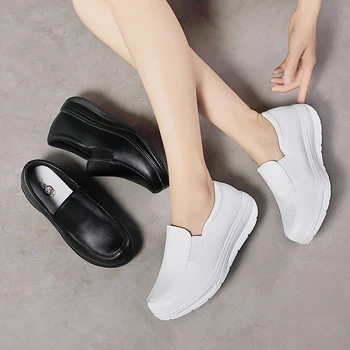 Moda pentru Femei din Piele Moale de Mers pe jos Pantofi cu Tocuri Joase Slip On Casual Plat Femeile Moale Asistenta Pantof 44849