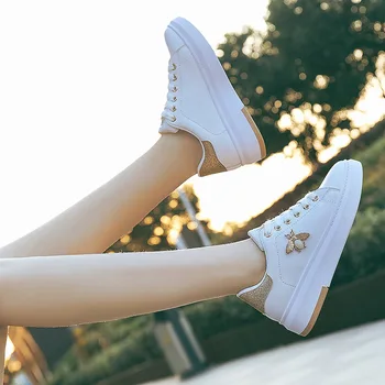 SEGGNICE Pantofi Casual 2019 Noi Femeile de Moda Adidasi Platforma Femeie Albă Pantofi Respirabil Piele PU Printuri de Albine Crystal Wild