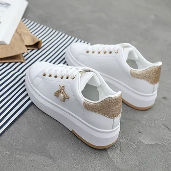 SEGGNICE Pantofi Casual 2019 Noi Femeile de Moda Adidasi Platforma Femeie Albă Pantofi Respirabil Piele PU Printuri de Albine Crystal Wild