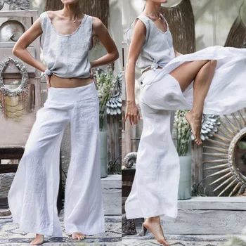 2021 Celmia Femei Retro Lenjerie De Palazzo Pantaloni Largi Picior De Moda Butoane Split Liber Casual Pantaloni Lungi Plus Dimensiune Pantalon Femme 7