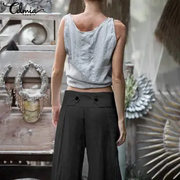 2021 Celmia Femei Retro Lenjerie De Palazzo Pantaloni Largi Picior De Moda Butoane Split Liber Casual Pantaloni Lungi Plus Dimensiune Pantalon Femme 7