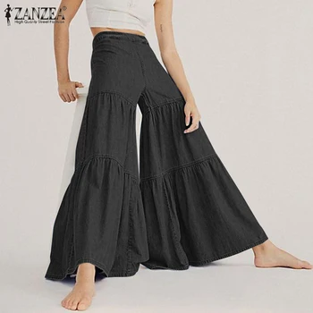 2021 ZANZEA Femei Talie Mare Flare Pantaloni Casual Vintage Volane Pantalon Solide în Vrac Largi Picior Pantaloni Palazzo Plus Dimensiune 5XL