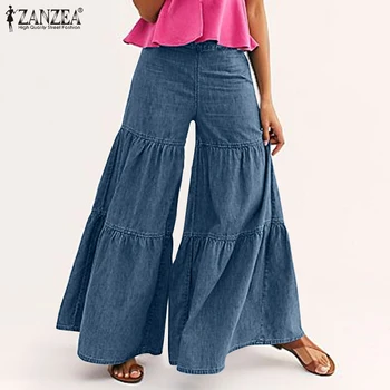 2021 ZANZEA Femei Talie Mare Flare Pantaloni Casual Vintage Volane Pantalon Solide în Vrac Largi Picior Pantaloni Palazzo Plus Dimensiune 5XL