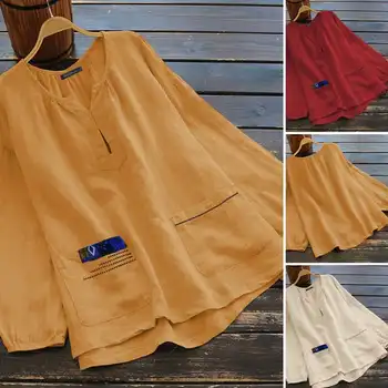 2021 ZANZEA Femei Toamna cu Maneci Lungi Tricou Vrac Vintage Lenjerie de pat din Bumbac Bluza Imprimate Tunica Topuri de sex Feminin Blusas Combinezon Supradimensionate