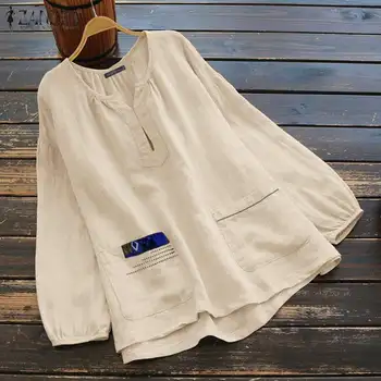 2021 ZANZEA Femei Toamna cu Maneci Lungi Tricou Vrac Vintage Lenjerie de pat din Bumbac Bluza Imprimate Tunica Topuri de sex Feminin Blusas Combinezon Supradimensionate