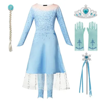 VOGUEON Fete Noi Elsa 2 Albastru Printesa Rochie de Până Maneca Lunga Snow Queen Rochie și în Jos 2 Pachete de Halloween Petrecere de Crăciun Costum