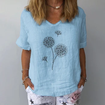 Elegant Florale de Imprimare Lenjerie de pat Bluza din Bumbac Tricou pentru Femei de Vară V Gâtului Maneca Scurta, Topuri Noi 3XL Casual Ladies Plus Dimensiune Bluze
