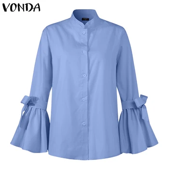 Toamna Bluze 2021 VONDA Casual, Guler Flare Sleeve Culoare Solidă Camasi Femei Elegante, Topuri Lejere Casual Blusas 5XL Tricouri