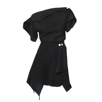 Noi de Vară 2020 Femei Pista 2 BUC Set Sexy de Moda Negru Volane Pe Umăr Tricou Topuri + ștrasuri din Mărgele Irreguls Fuste Set