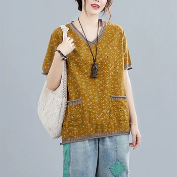 Camisas Mujer De Epocă Florale Imprimare V Gât Lenjerie De Pat Tricouri Femei Maneci Scurte, Buzunare Largi Bluze Plus Dimensiune Femei Îmbrăcăminte