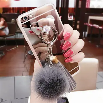 Pentru iphone 11 12 pro mini X 6 6S 7 8 Plus Xs Max XR de Lux Blană minge Ciucuri Oglindă acoperi Urs deget inelul Sof Bling Caz