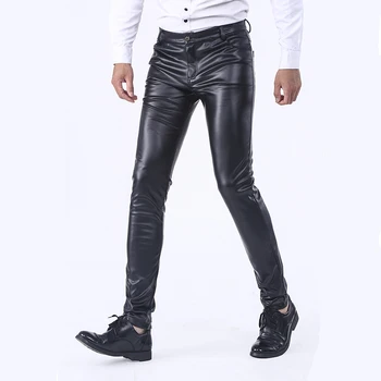 Vara Mens de Afaceri Slim Fit Elastic Negru Pantaloni din Imitatie de Piele de sex Masculin Elastic Pantaloni Stramti din Piele PU Strălucitoare Pantaloni de Creion 71002