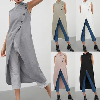 Celmia Vintage Bluza Femei Topuri Asimetrice 2021 Vară fără Mâneci Butoane Liber Casual Split Tricouri Lungi Plus Dimensiune Blusas