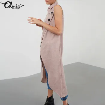 Celmia Vintage Bluza Femei Topuri Asimetrice 2021 Vară fără Mâneci Butoane Liber Casual Split Tricouri Lungi Plus Dimensiune Blusas
