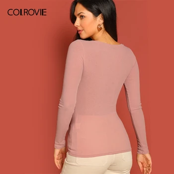 COLROVIE Roz Scoop Gât Apăsați Butonul Slim Fit Knit Elegant T-Shirt Femei 2019 Primăvară Lungă Maneca Cămașă de Bază de Birou Doamnelor Tee
