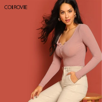 COLROVIE Roz Scoop Gât Apăsați Butonul Slim Fit Knit Elegant T-Shirt Femei 2019 Primăvară Lungă Maneca Cămașă de Bază de Birou Doamnelor Tee