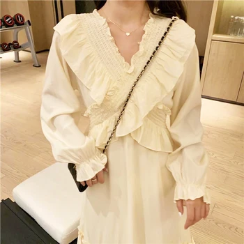 Elegant Ciufulit Maneca Lunga Rochie Maxi coreean V-neck Femei Vintage Zână Rochie de Toamna O Piesa Casual, Petrecere de Nunta Fusta 2020 483
