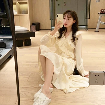 Elegant Ciufulit Maneca Lunga Rochie Maxi coreean V-neck Femei Vintage Zână Rochie de Toamna O Piesa Casual, Petrecere de Nunta Fusta 2020