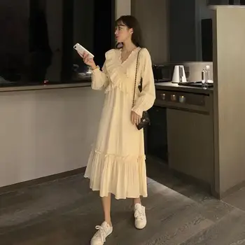 Elegant Ciufulit Maneca Lunga Rochie Maxi coreean V-neck Femei Vintage Zână Rochie de Toamna O Piesa Casual, Petrecere de Nunta Fusta 2020