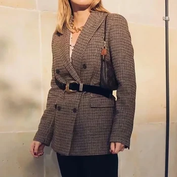 ZXQJ elegante femei carouri brwon sacou jachete 2020 doamnelor moda chic lung costume casual sex feminin streetwear sacou fete de epocă
