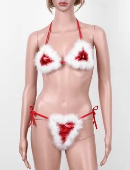 Femei Sexy Cosplay Costum de Crăciun Naughty Santa Baby Set Lenjerie Sexy Pene Albe Împodobite Bikini Sutien cu G-string Boxeri