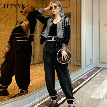 Casual Două piese Femei Pătrat Guler Brodat cu mâneci Lungi Sacou de Catifea Și Pantaloni Lungi de Toamnă 2021 coreene Noi Seturi de sex Feminin