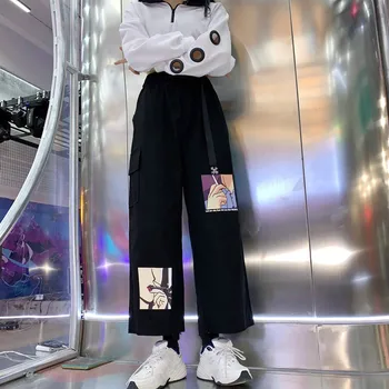 Japoneze Largi Picior Pantaloni de Marfă Harajuku Desene animate Imprimate Glezna Pantaloni 2020 primavara Toamna Stretch Pantaloni Talie cu Centura