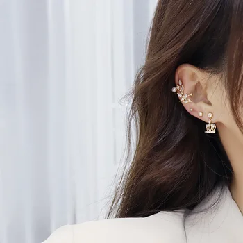 De lux Cubic Zircon CZ Frunze Clip Cercei pentru Femeile Japoneze si Coreea Stil Nou 14K Aur Real Pearl Cercei Cuff