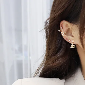 De lux Cubic Zircon CZ Frunze Clip Cercei pentru Femeile Japoneze si Coreea Stil Nou 14K Aur Real Pearl Cercei Cuff