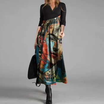 Femei Elegante Rochie Toamna Anului 2020 Iarna Retro Print Rochii De Partid Cruce V-Neck Mâneci Lungi Slim Midi Rochie Lady Casual Veatidos