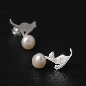 GQTORCH Argint 925 Personalitate Perle Cercei Stud Pisica Juca Mingea Naturale, Perle de apă Dulce de Bijuterii Pentru Femei
