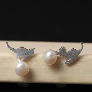 GQTORCH Argint 925 Personalitate Perle Cercei Stud Pisica Juca Mingea Naturale, Perle de apă Dulce de Bijuterii Pentru Femei