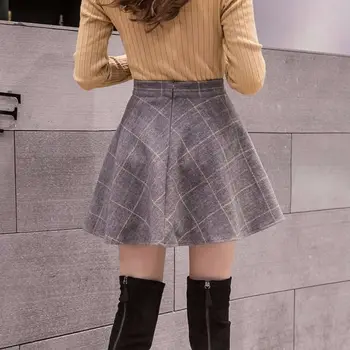 Toamna și iarna noi lână fusta scurta pentru femei de înaltă talie O-linie student zăbrele îngroșat cutat coreean versatil, fusta