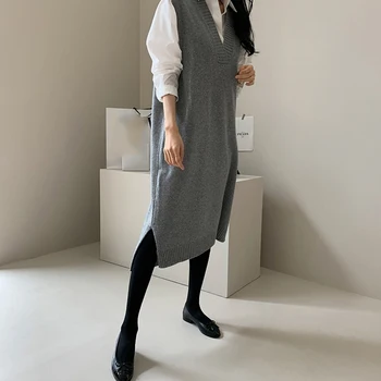 SHIJIA Nouă Șic V-neck fără Mâneci Tricotate Rochie de sex Feminin Elegant Vrac Solid Pulover Lung Rochie de Femeie Toamna Pulover de Iarna 2021