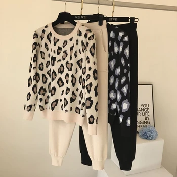 Ins personalitate Leopard tricotate Pulover maneca lunga si Pantaloni Casual breif 2020 toamna 2 bucata set pentru femei