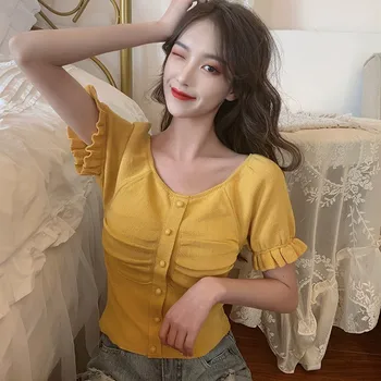 Femei T-shirt de Vară Cutat Culoare Solidă Slim Butonul Topuri Tricotate cu Maneci Scurte Moda Tricou Femei de Îmbrăcăminte 560