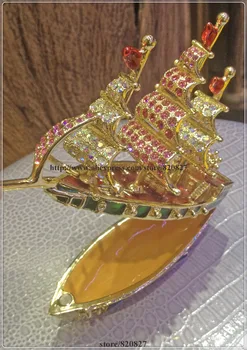 Nava Email Figurine cu Cristale de Martisor Pilula Caseta de Bijuterii Barcă Navă Cu Vele Bling Stras de Colectie cu Balamale Breloc 5610